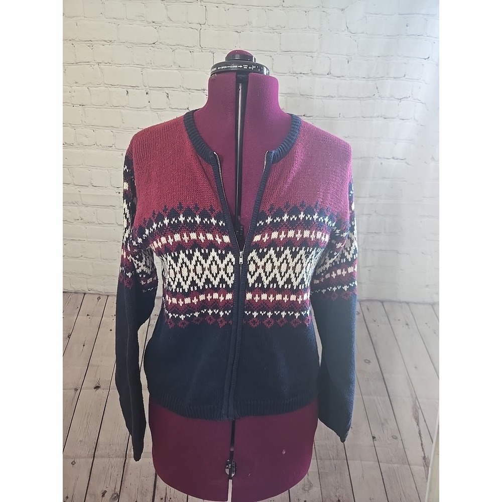 Montana blues Womens Sz Large Fair Isle Icelandic Zip up Cardigan Sweater
